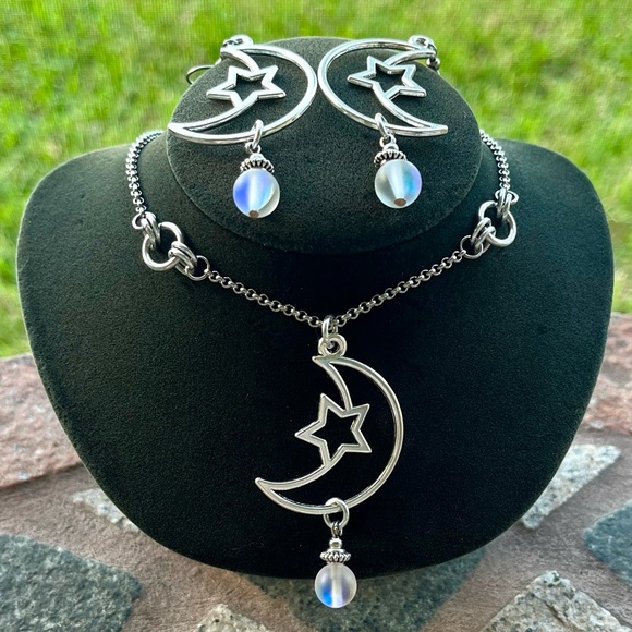 Set ! Moon star & iridescent opalite beads necklace + matching earrings boho - Picture 8 of 13